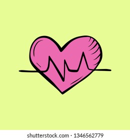 Cartoon style vector illustration of pink heart rate. Great design elements for sticker, card, print, poster. Doodle drawing isolated on yellow background. Medicine, healthcare, cardiology, pulse