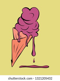 Cartoon style vector illustration of purple dripping ice cream. Great design elements for sticker, card, print or poster. Unique and fun drawing isolated on yellow background