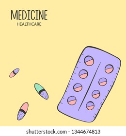Cartoon style vector illustration of purple pills with lettering. Great design elements for sticker, card, print, poster. Unique doodle drawing card isolated on yellow background. Medicine, healthcare