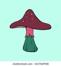 Cartoon style vector illustration purple mushroom. Great design elements for sticker, card, print, poster. Drawing template isolated on blue background. Nature, botany, forest, amanita, toadstool