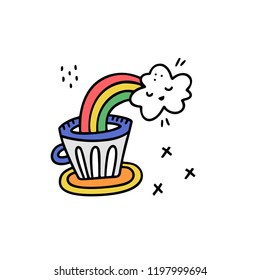 Cartoon style vector illustration with rainbow pooring into coffee mug. great design element for sticker, patch or poster. Unique and fun drawing.