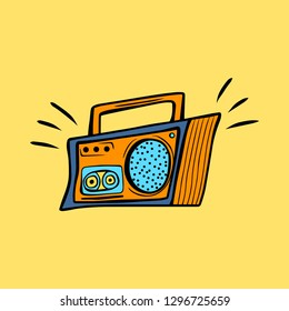 Cartoon style vector illustration with retro music radio. Great design element for sticker, patch or poster. Unique and fun drawing