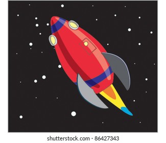 A cartoon style vector illustration of a rocket shooting through space.