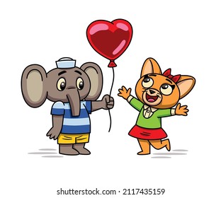 Cartoon style vector illustration of a romantic couple, consisting of a little elephant offering a heart-shaped balloon to a little cat.