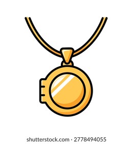 A cartoon style vector illustration of a round golden locket hanging from a chain on a plain white background
