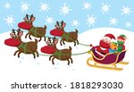 Cartoon style vector illustration of Santa Claus and elf wearing face masks in a sleigh pulled by reindeers wearing face masks