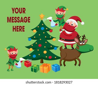 Cartoon style vector illustration of Santa Claus, reindeer and elves disinfecting Christmas tree