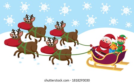 Cartoon style vector illustration of Santa Claus and elf wearing face masks in a sleigh pulled by reindeers wearing face masks