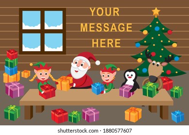 Cartoon style vector illustration of Santa's workshop with Christmas characters