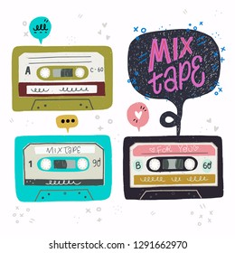 Cartoon style vector illustration with set of old school cassette tapes and Mix Tape hand lettering. Great design element for sticker, patch or poster. Unique and fun drawing and inscription.