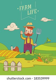 Cartoon style vector illustration showing a happy bearded farmer saying hello with his hand, located in a colorful nature background with a barn, trees and several hills.