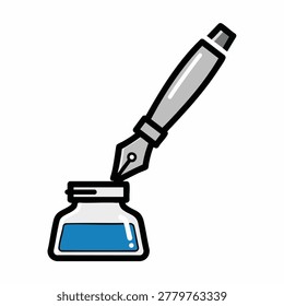 A cartoon style vector illustration showing a classic fountain pen inserted into a small square ink bottle filled with blue ink