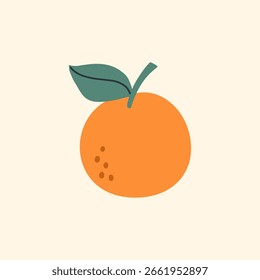 Cartoon Style Vector Illustration of a Single Orange Fruit with Green Leaves Isolated on Beige Background in Minimalist and Clean Composition for Citrus, Fresh Food and Summer Design Themes