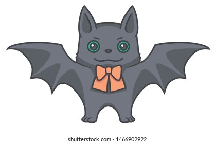 Cartoon style vector illustration of a smiling black Halloween bat with orange bow around neck, cute design for children
