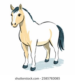 A cartoon style vector illustration of a strong and elegant horse standing proudly, drawn with smooth lines and warm colors, isolated on a white background.