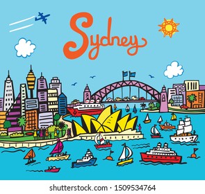 A cartoon style vector illustration of the Sydney harbor skyline, Australia.