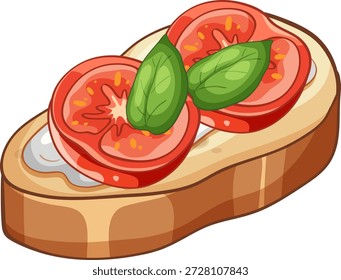 Cartoon style vector illustration of tomato slices and basil leaves on toasted bread crust