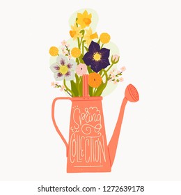 Cartoon style vector illustration of the watering can, bouquet of spring flowers and Spring Collection hand lettering. Great design for sticker, card, poster or merch. Rustic drawing and inscription.