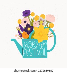 Cartoon style vector illustration of the watering can, bouquet of spring flowers and Garden Festival hand lettering. Great design for sticker, card, poster or merch. Rustic drawing and inscription.