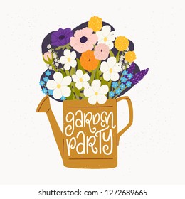 Cartoon style vector illustration of the watering can, bouquet of spring flowers and Garden Party hand lettering. Great design for sticker, card, poster or merch. Rustic drawing and inscription.