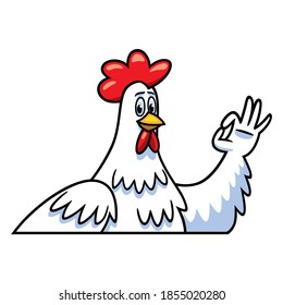 Cartoon style vector illustration of a white chicken with a red crest, friendly and smiling, who makes a gesture of approval with one wing.