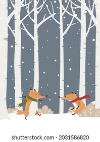 Cartoon style vector illustration of winter forest with cute foxes. Snowy forest background.