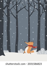 Cartoon style vector illustration of winter forest with cute fox. Snowy forest background.