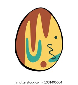 Cartoon style vector illustration of yellow, blue, brown easter egg. Great design elements for icon, sticker, card, print, poster. Unique, fun drawing isolated on white background. Holiday concept