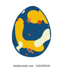 Cartoon style vector illustration of yellow, blue, orange easter egg. Great design elements for icon, sticker, card, print, poster. Unique, fun drawing isolated on white background. Holiday concept