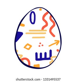 Cartoon style vector illustration of yellow, orange, blue easter egg. Great design elements for icon, sticker, card, print, poster. Unique, fun drawing isolated on white background. Holiday concept