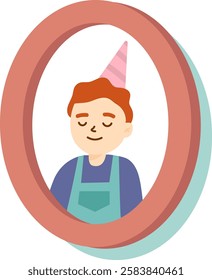 Cartoon style vector illustration of a young smiling boy wearing party hat and apron inside an oval frame, celebrating a birthday or special event