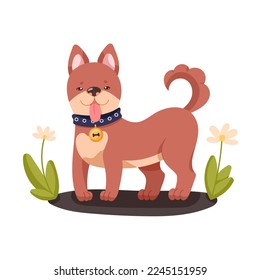 Cartoon style vector image of a cute brown dog with a bell on a dog-collar