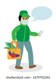 Cartoon style vector image of a man wearing a protective face mask and holding a bag with vegetables in one hand and a receipt in the other hand. Food delivery service during quarantine concept.
