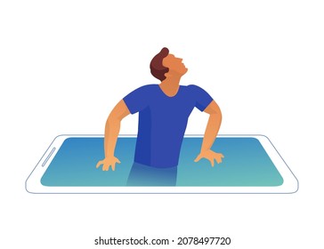 Cartoon-Stil-Vektorgrafik. Der Mann versucht, aus dem Telefon zu gehen. Digitaler Entzug. Smartphone-Sucht. 