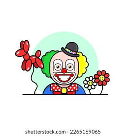 Cartoon style vector representing a clown with a big red nose, a small gray hat, a bow tie and make-up as well as funny flowers and a red balloon in the shape of a dog