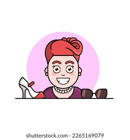 Vector tipo caricatura que representa a una chica con pelo rojo corto y collar de perlas, así como un par de zapatos rojos y blancos con tacón y un par de gafas de sol