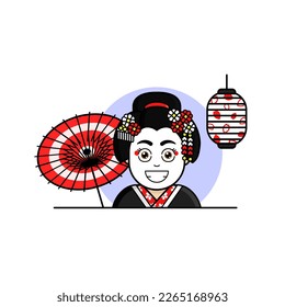 Cartoon style vector representing a traditional geisha with flowers on her head, a kimono, a Japanese umbrella and an Asian lantern with cherry blossom petals