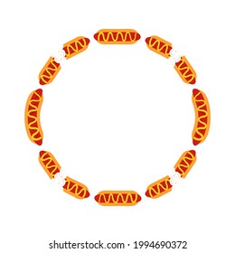 Cartoon style vector round frame template, background with hot dogs whole and half-eaten with mustard sauce for fast food design.