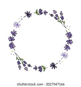 Cartoon style vector round frame template, background with purple flowering lavender branches for nature, floral design.