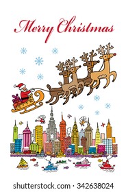 A cartoon style vector of Santa flying over the city of New York.