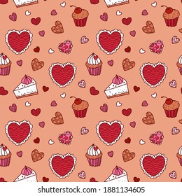 Cartoon style vector seamless pattern on peach color background made of illustration of heart and pastry for wedding or valentines package, invitation, decoration, postcard, graphics, textile, wallper
