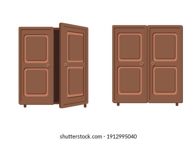 Cartoon style vector. Set of closets, opened and closed. Simple isolated cupboard. 