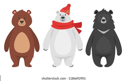 Conjunto vectorial de estilo de caricatura de tres osos diferentes: marrón pardo, negro y polar. Aislado sobre fondo blanco.