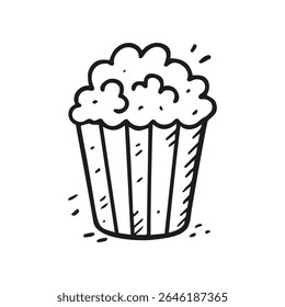 Cartoon style vector shows a container full of popcorn. The food is represented with a simple outline and some extra details to give it movement