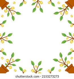 Cartoon style vector square frame template, background with money trees and golden coins.