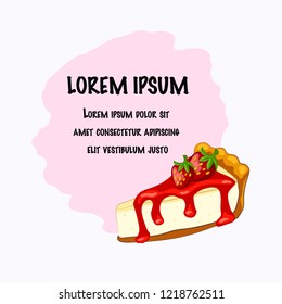 Cartoon style vector strawberry cheesecake with berry and place for text on the white background