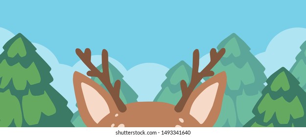Cartoon style vector web shop banner sized background with cute deer head with antlers and ears and forest trees