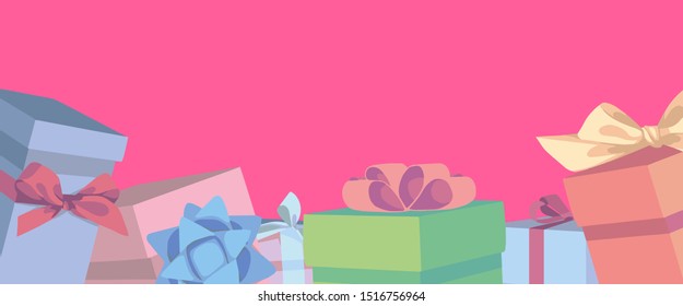 Cartoon style vector web shop banner with colorful gift boxes with ribbons and copy space for text on bright pink background