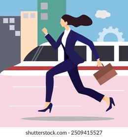 Cartoon style vector of a working woman running on the street while carrying a work bag. Behind there is an electric train. and commercial buildings