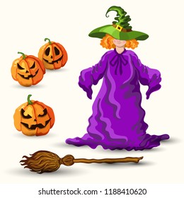 Cartoon style vector young witch in the green hat, magic broom and Halloween pumpkin lantern isolated on the white background